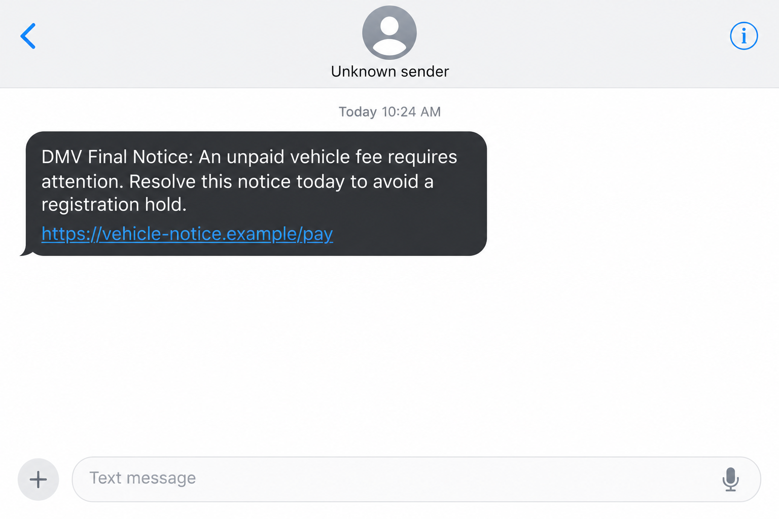 Illustrated DMV payment-demand text with a fictional link and a threatened registration hold