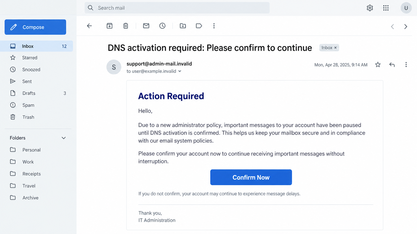 Illustration of a fake DNS activation email with a Confirm Now button