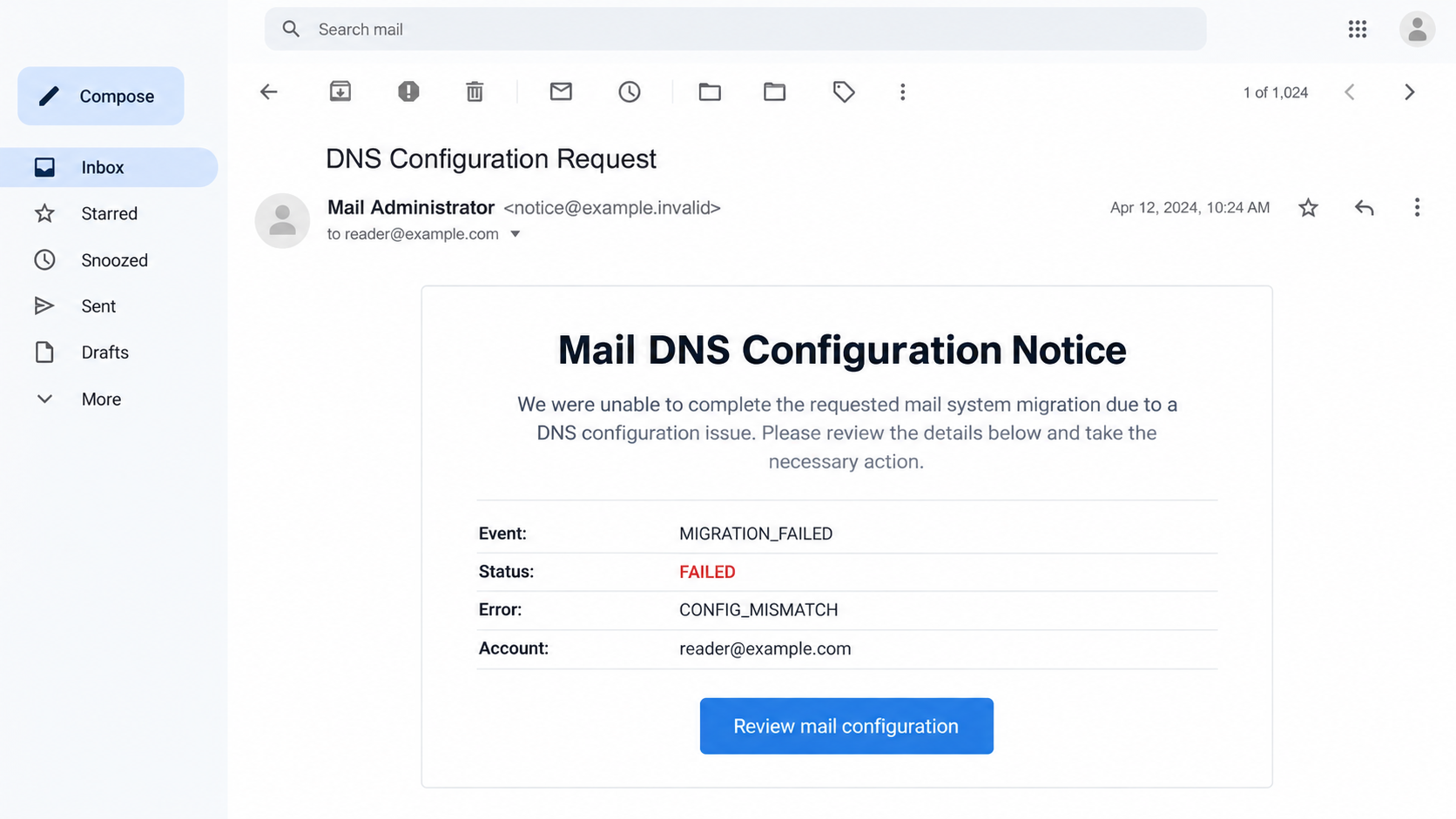 Illustrative Mail DNS Configuration Notice with migration failure and configuration mismatch labels