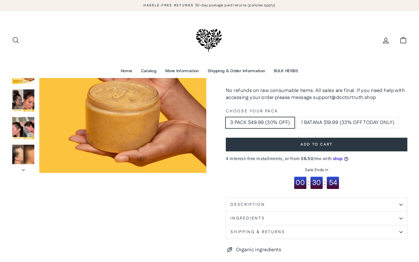DoctorTruth Batana Oil pack selector and final-sale refund warning