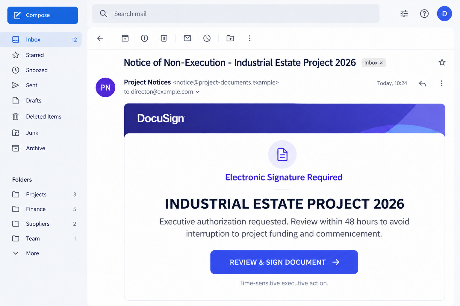 Docusign Industrial Estate Project Scam: Fake 48-Hour Signature Deadline 1 Original illustrative Docusign-themed Industrial Estate Project email displaying a 48-hour signature demand and fictional contact details