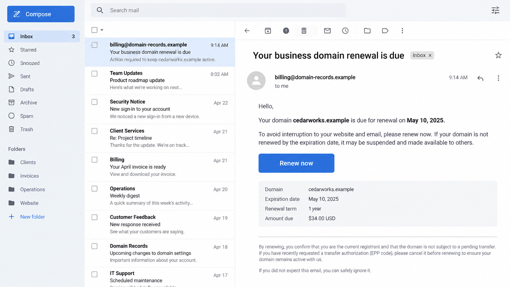 Domain Renewal Notice Scam Exposed: How Fake Registrar Letters Trap Owners 1 Illustrative domain renewal email from an unfamiliar sender