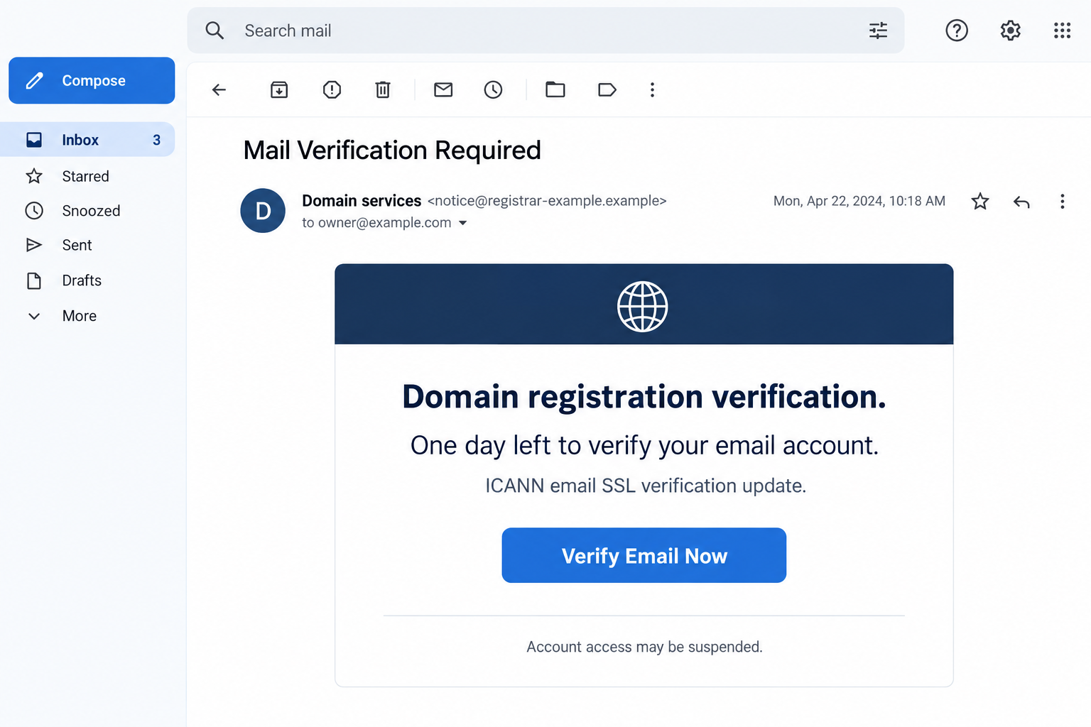 Domain Name Registration Failure Email Scam: Fake ICANN Verification Trap 1 Illustrative domain verification email combining an ICANN SSL claim with a one-day mailbox deadline
