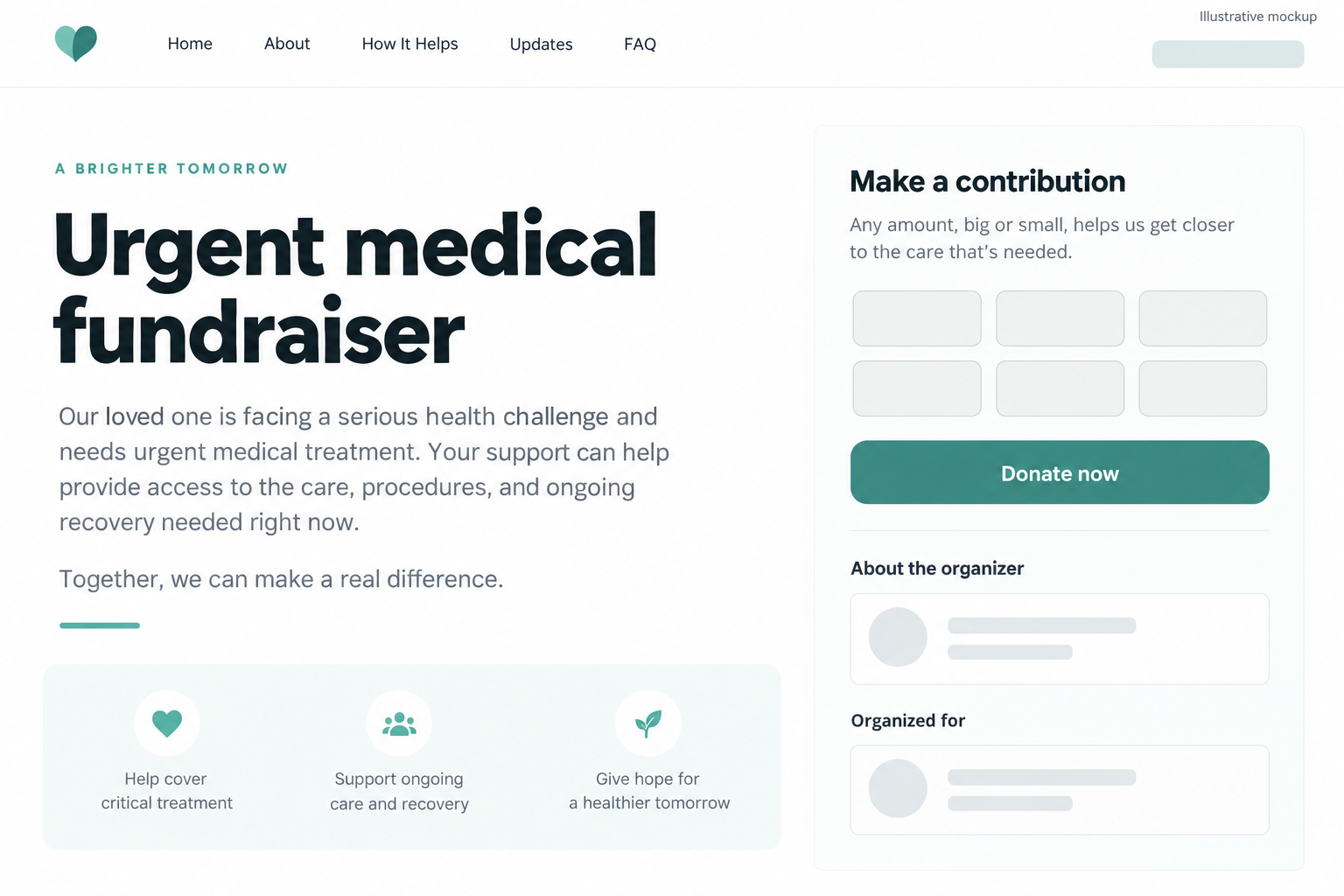 Illustrative medical fundraising landing page with sparse organizer details