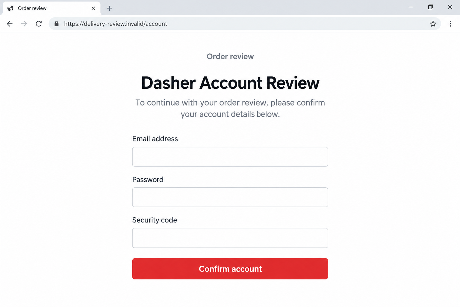 DoorDash Support Scam: Fake $200 Bonuses and Stolen Dasher Account Codes 2 Illustrative fictional Dasher account-review page requesting an email address, password, and security code