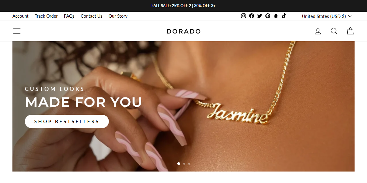 Dorado Jewelry Review: Promo Codes Narrow Its 30-Day Money-Back Promise 1 Dorado jewelry storefront promoting custom and ready-to-ship necklaces
