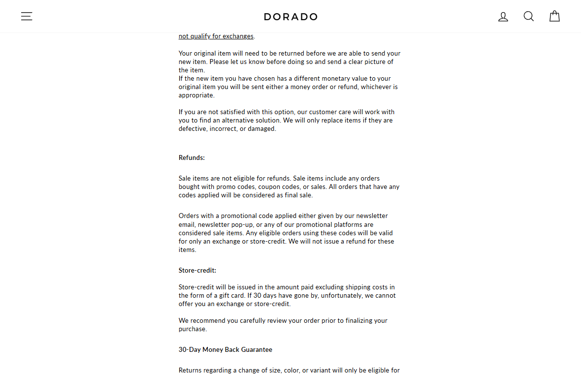 Dorado Jewelry Review: Promo Codes Narrow Its 30-Day Money-Back Promise 2 Dorado refund policy stating promo-code orders are sale items and cash refunds are unavailable