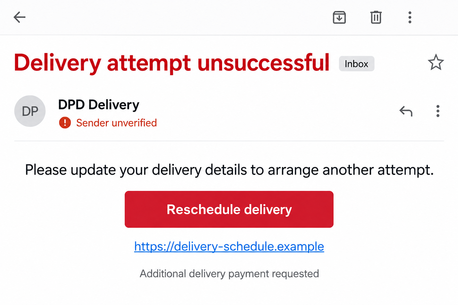 Illustrative fake DPD missed-delivery email with a rescheduling button and a nonfunctional example link