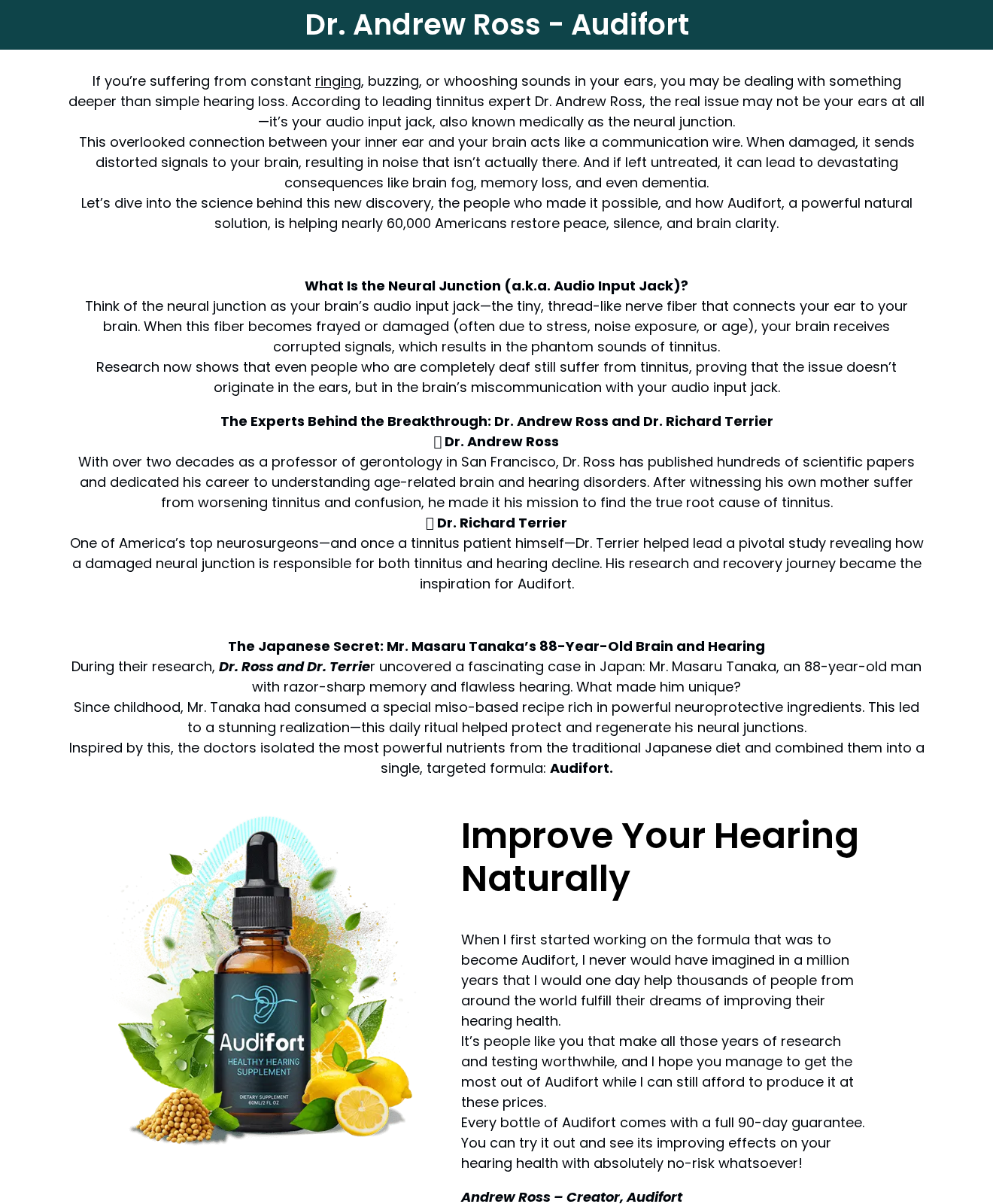 Dr. Andrew Ross Tinnitus Treatment: Scam or Legit? Claims Investigated 1 Original promotional page presenting Dr Andrew Ross and a neural-junction story for tinnitus