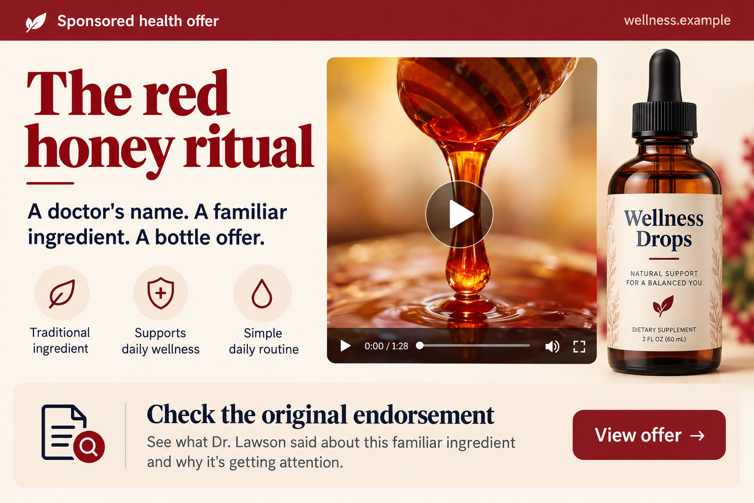 Fictional wellness.example interface illustrating a red honey supplement promotion and borrowed medical authority