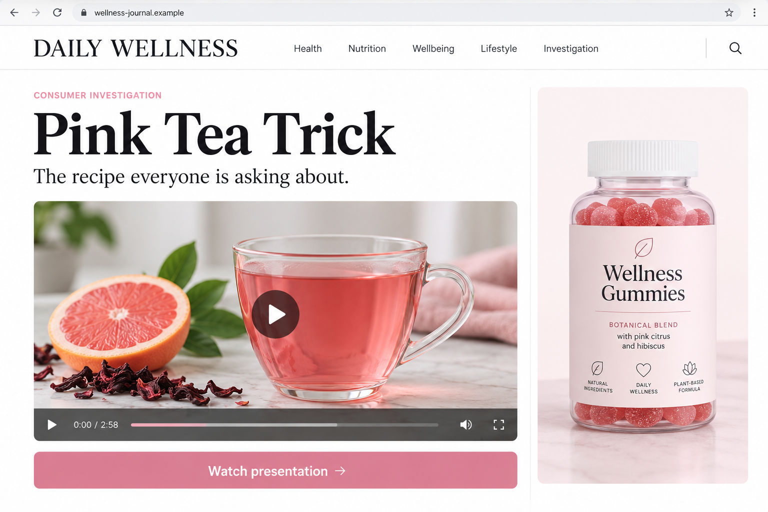 Fictional pink tea sales-page illustration with a video player and generic gummies