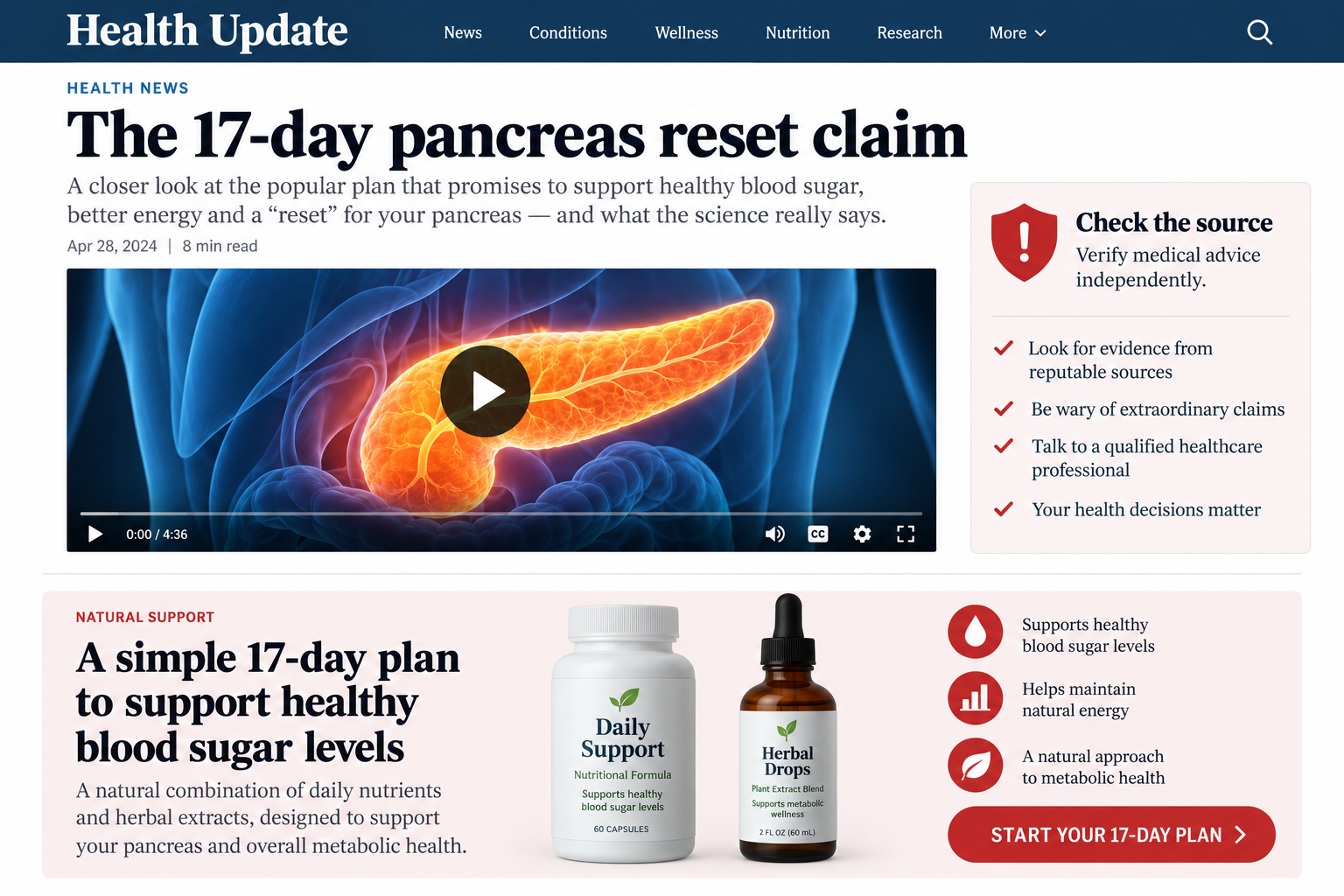 Illustrative health-news page showing a pancreas reset claim and generic supplement offers