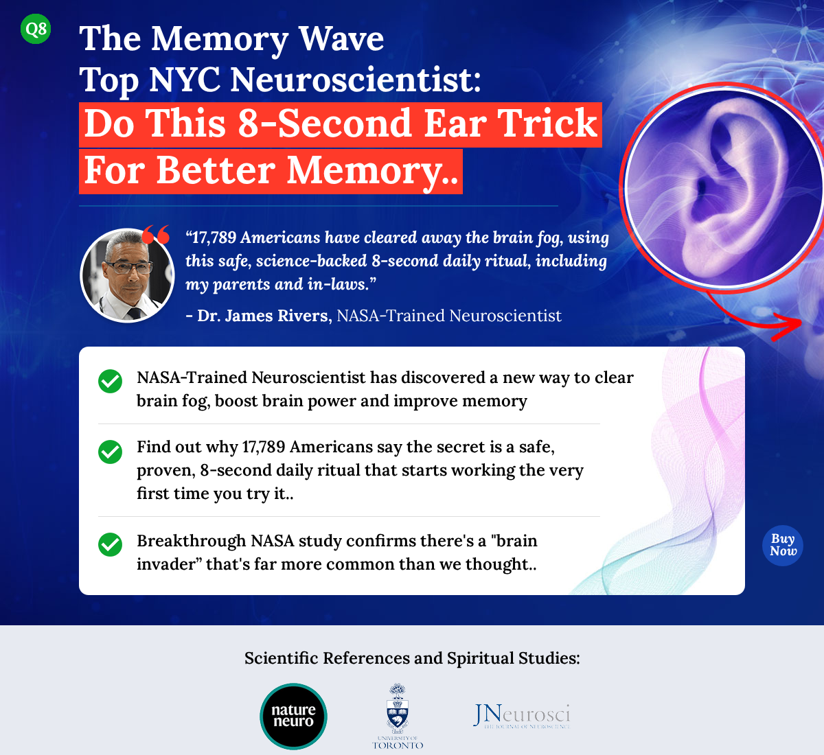 Memory Wave promotional page presenting James Rivers as a NASA-trained neuroscientist and advertising an eight-second ear trick