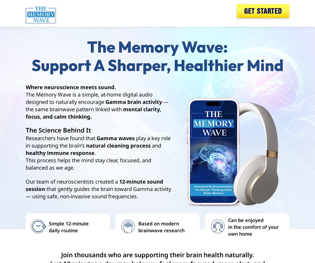Current Memory Wave homepage describing a 12-minute digital sound session and gamma brain activity