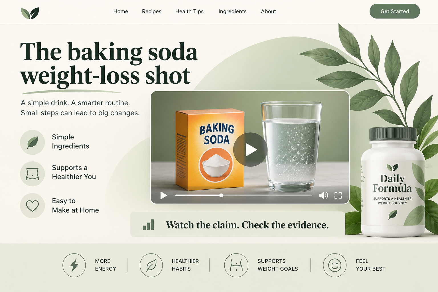 Dr. Jason Fung Baking Soda Scam EXPOSED - Fake Weight-Loss Ads Explained 1 Illustrative baking soda recipe landing page with a generic video card and supplement bottle