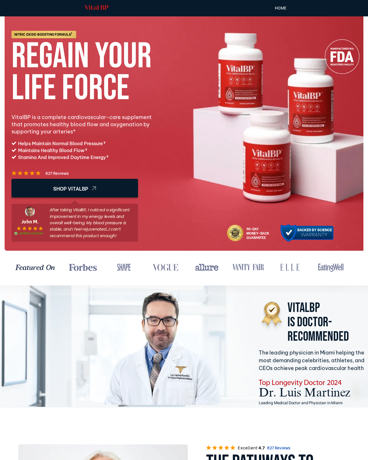 Dr. Luis Martinez Japanese Paradox EXPOSED - Blood Flow Claims Examined 1 Vital BP promotional page naming Dr Luis Martinez alongside blood-flow claims and magazine logos