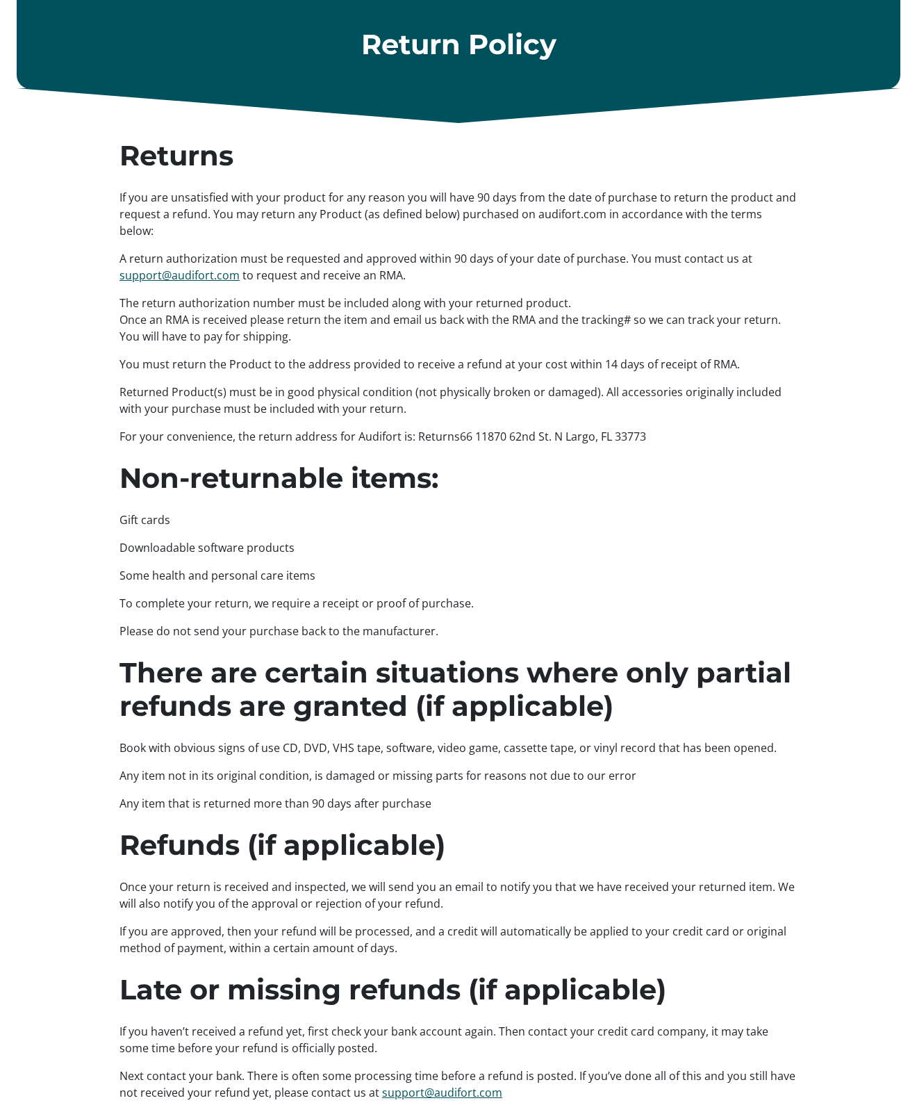 Audifort return terms showing authorization requirements and customer-paid return shipping