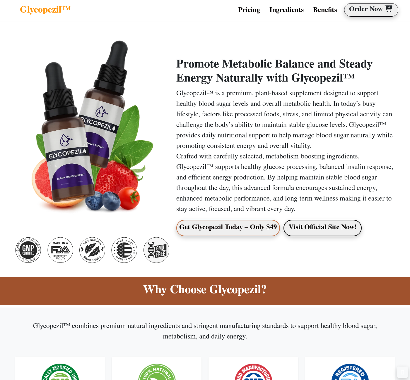 Original Glycopezil promotional page selling metabolic support drops, distinct from an authenticated Robert Lustig red vitamin recipe or MIT treatment