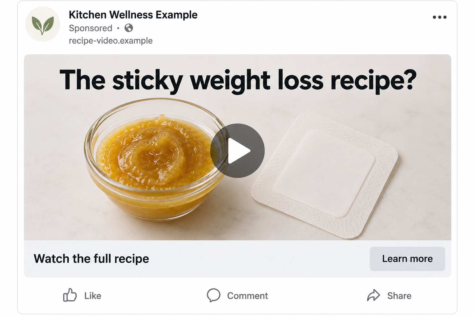 Fictional social video advertisement illustrating a sticky recipe beside a blank adhesive patch