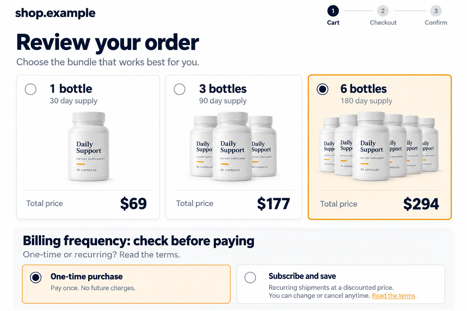 Dr. Steven Gundry Baking Soda Scam EXPOSED - Fake Weight-Loss Video Check 1 Illustrative supplement order screen showing separate bottle quantities, total prices, and billing options