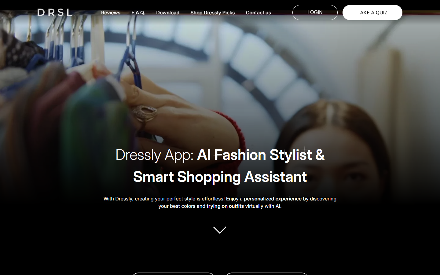 Dressly homepage advertising an AI fashion stylist and style quiz