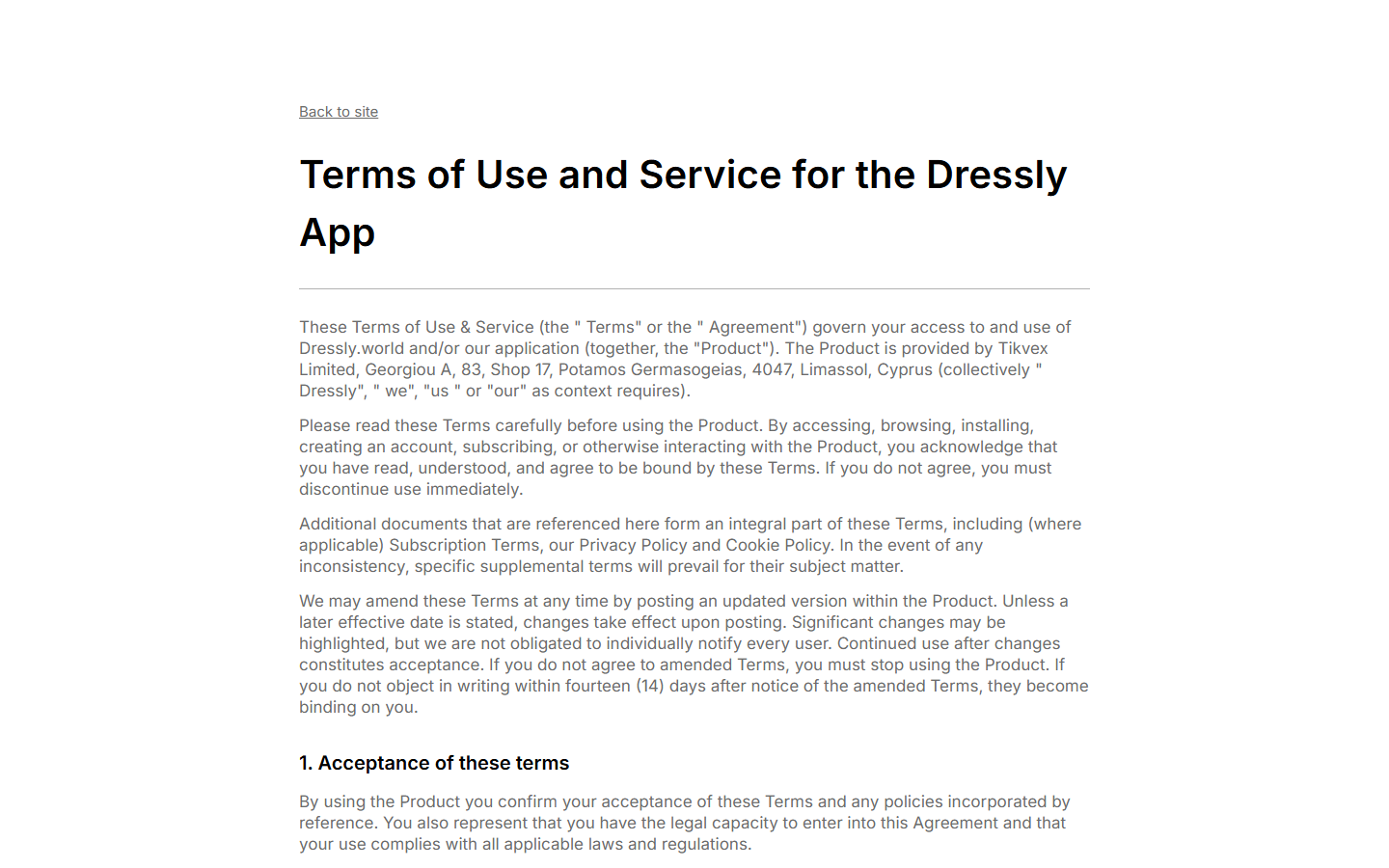 Dressly terms page identifying the operator and subscription rules