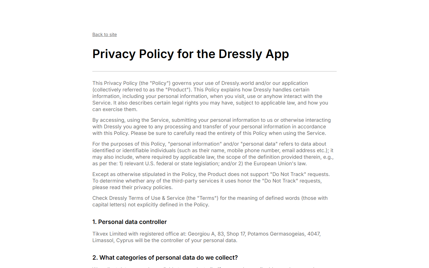 Dressly privacy policy listing the company responsible for user data