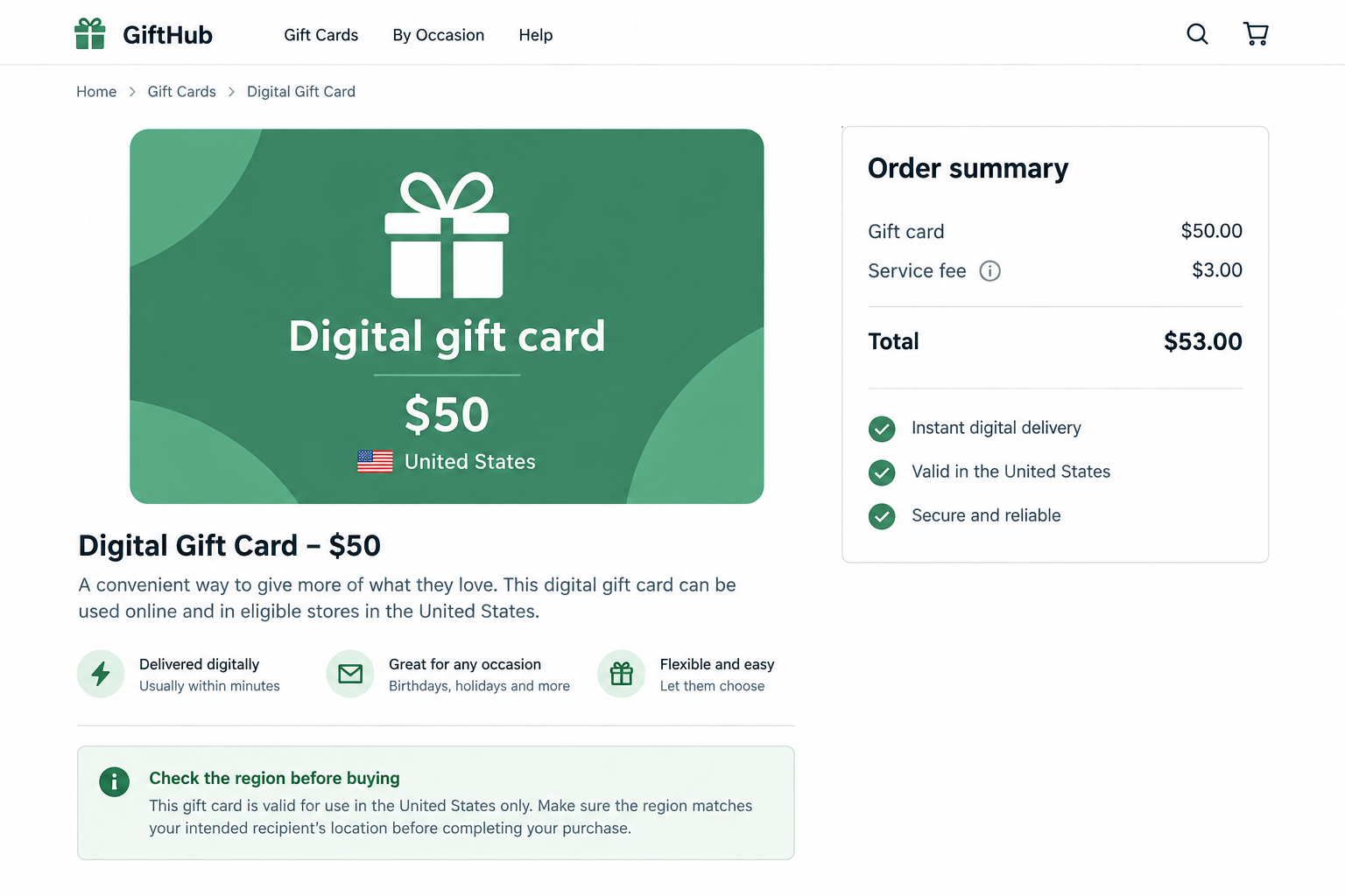 Dundle Review: Gift Card Refunds, Fees and Verification Holds Explained 1 Illustrative digital gift-card order summary with a region warning and example service fee, not a Dundle screenshot