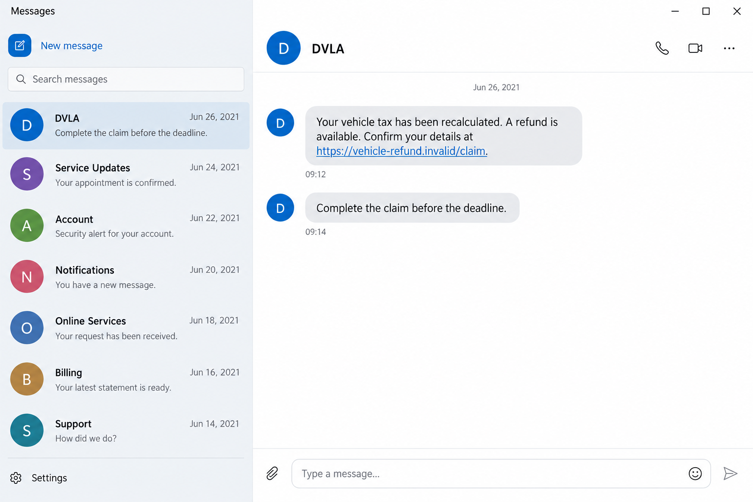 DVLA Tax Refund Scam: Fake Road-Tax Texts That Ask for Your Bank Details 1 Illustrative fictional historical DVLA text claiming a vehicle-tax refund and directing the reader to a sample claim link