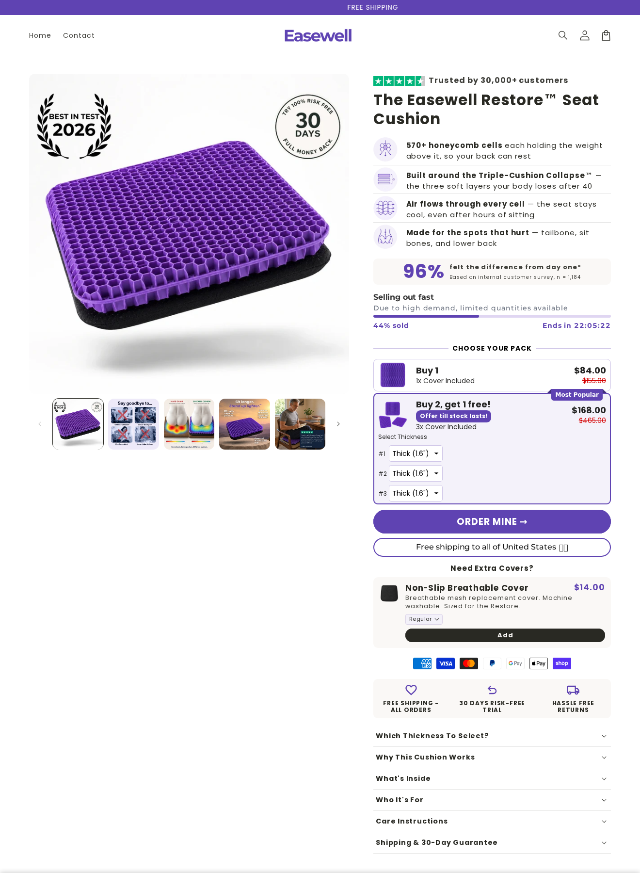 Easewell Restore Exposed: Scam or Legit? Cushion Claims and Returns Checked 1 Easewell Restore honeycomb seat cushion offer showing customer survey wording and a selected three-cushion package