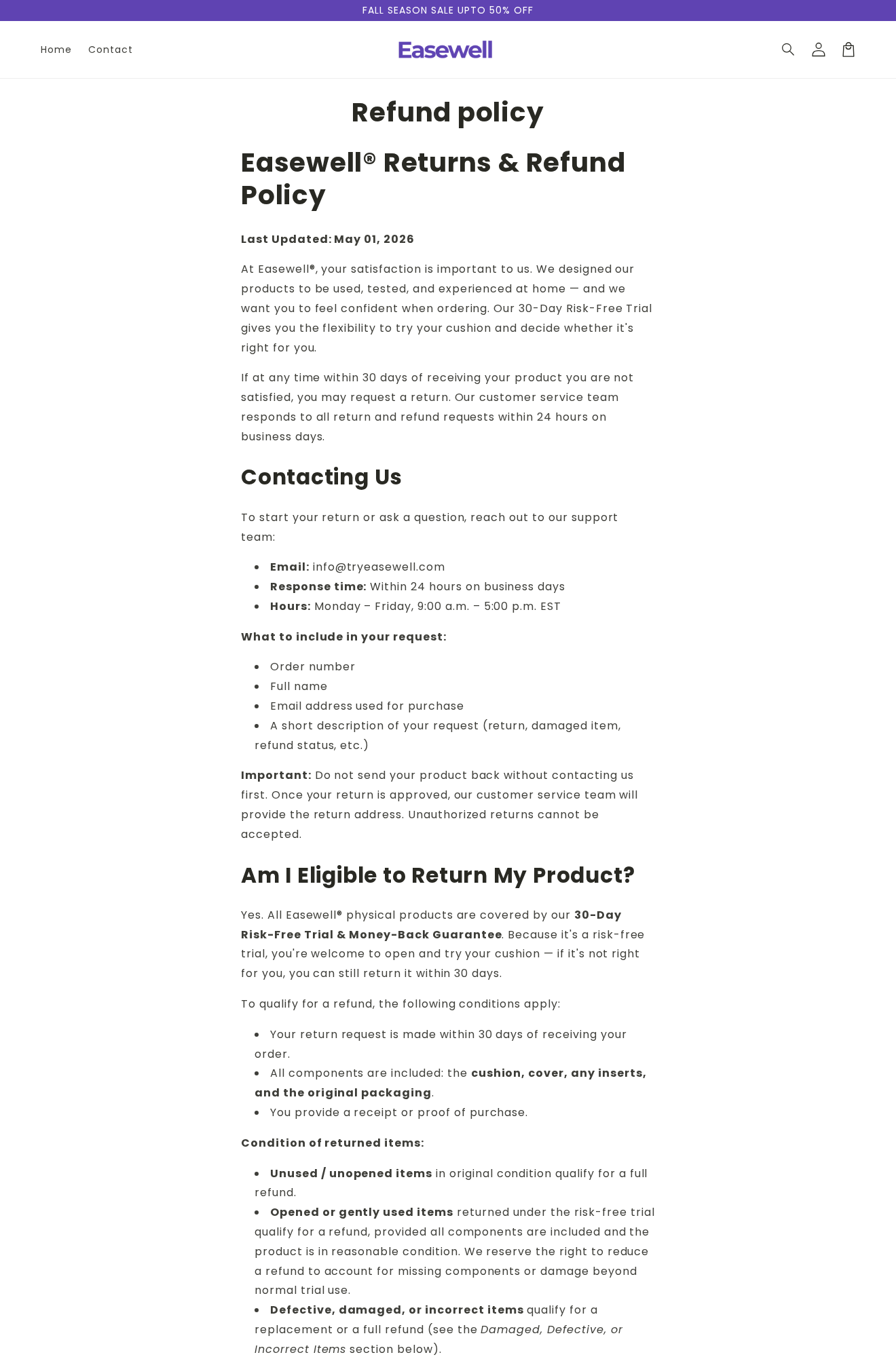 Easewell Restore Exposed: Scam or Legit? Cushion Claims and Returns Checked 2 Easewell refund policy explaining its 30-day trial and eligibility for opened or gently used seat cushions