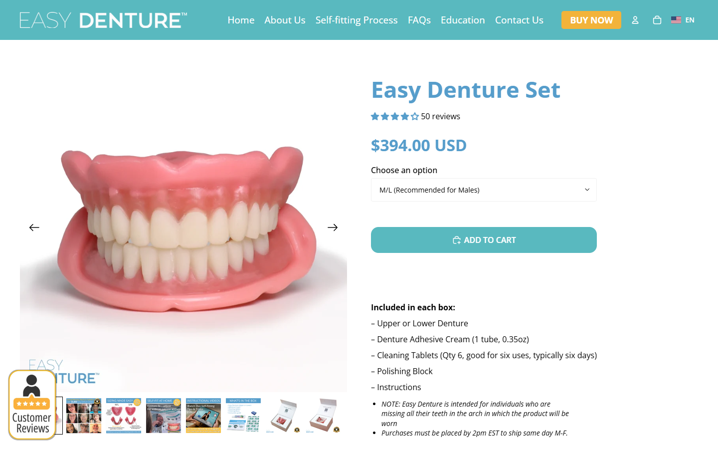 EasyDenture set product page showing the self-fitting dentures and checkout price