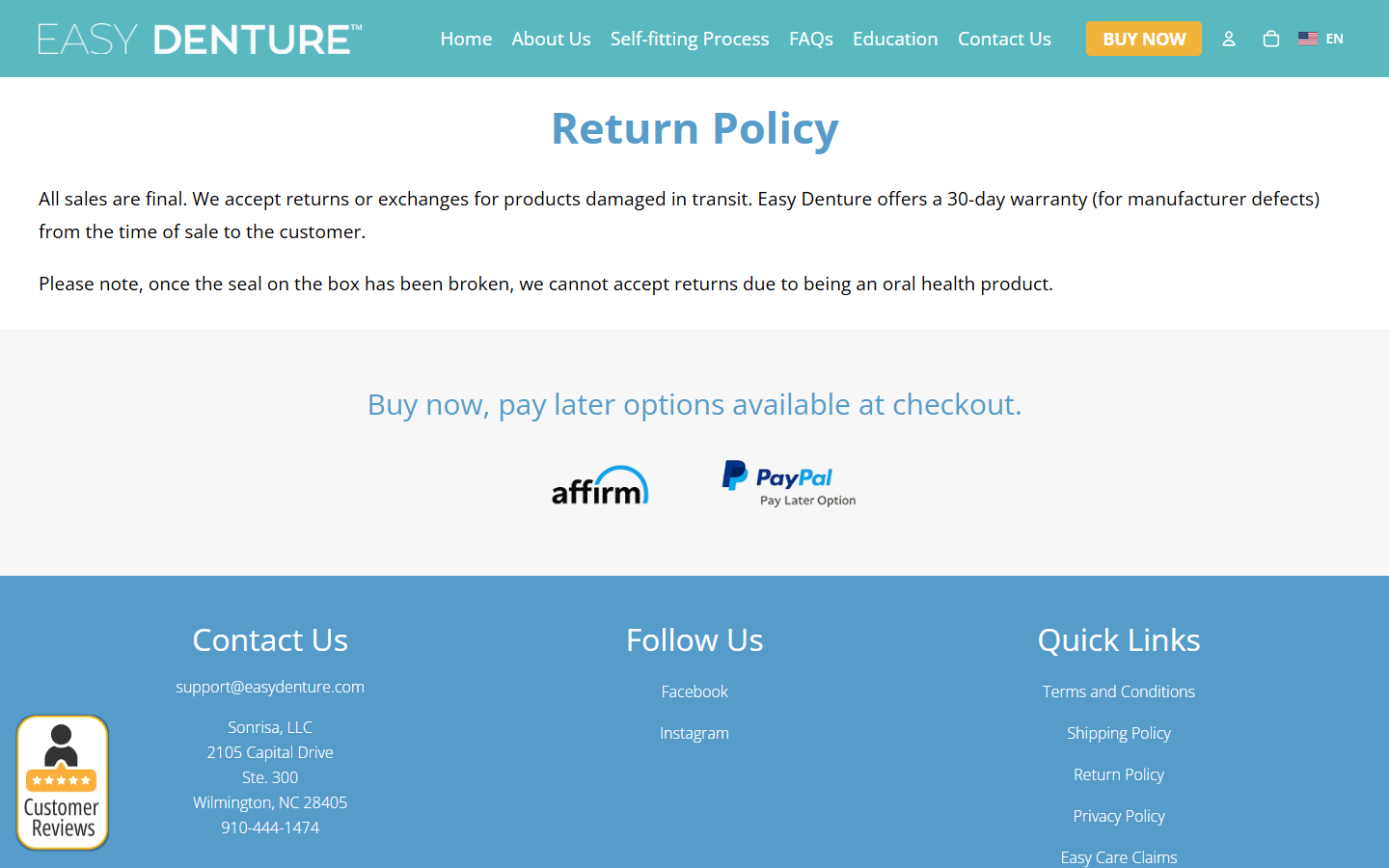 EasyDenture return policy stating final sales and the limited defect warranty