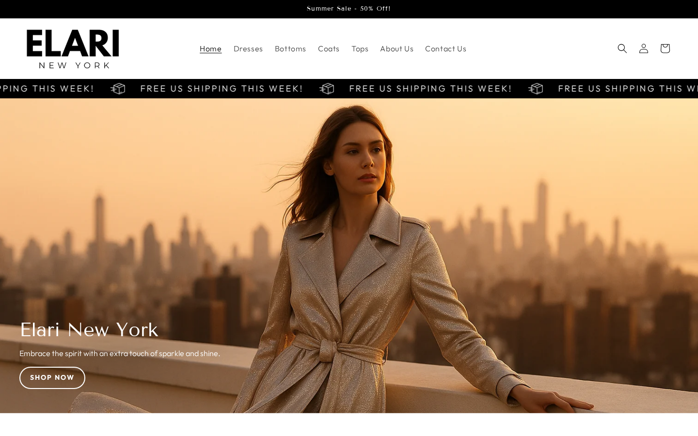 Elari New York Review: International Shipping and Refund Conflicts Exposed 1 Elari New York homepage displaying city imagery, seasonal sale, and free US shipping promotion