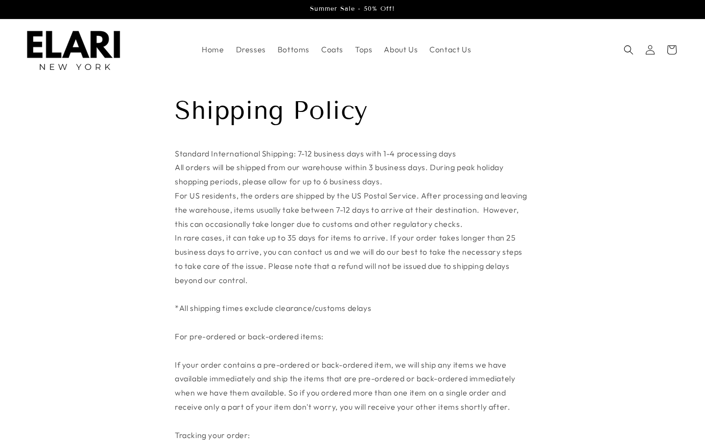Elari New York Review: International Shipping and Refund Conflicts Exposed 2 Elari New York shipping policy naming international delivery, customs delays, and possible extended arrival times