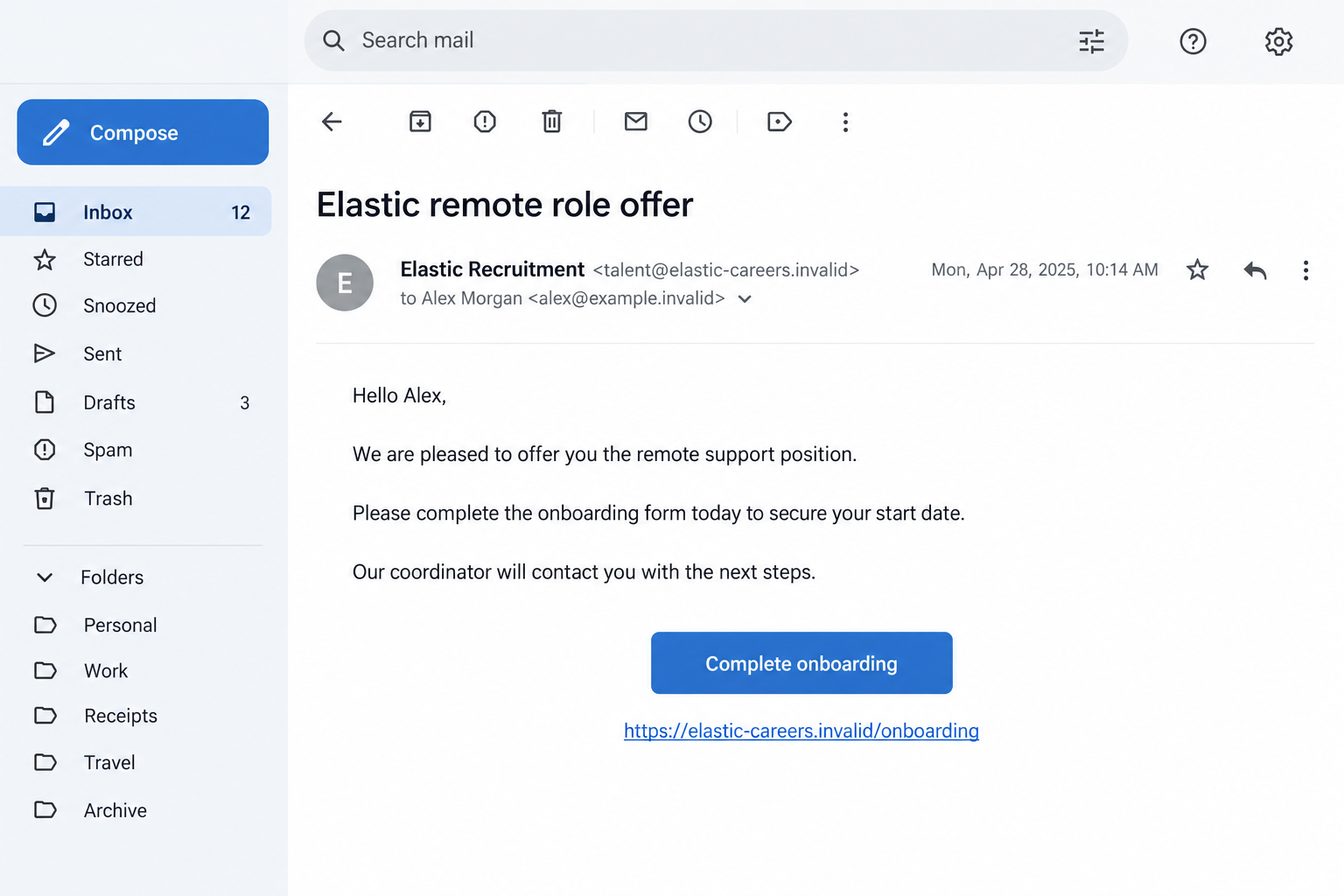 Elastic Recruitment Scam: Fake Job Offers, Hiring Fees, and Identity Theft 1 Illustrative fake Elastic recruitment email offering a remote role and linking to fictional onboarding