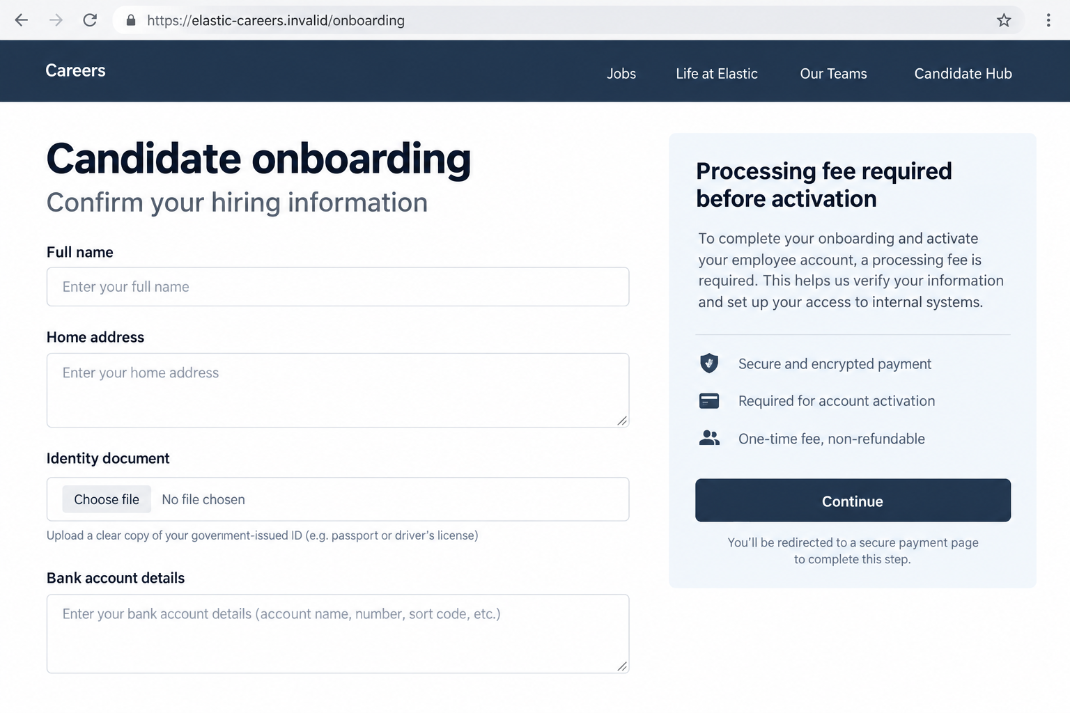 Elastic Recruitment Scam: Fake Job Offers, Hiring Fees, and Identity Theft 2 Illustrative fraudulent recruitment onboarding page asking for identity information, bank details, and a processing fee