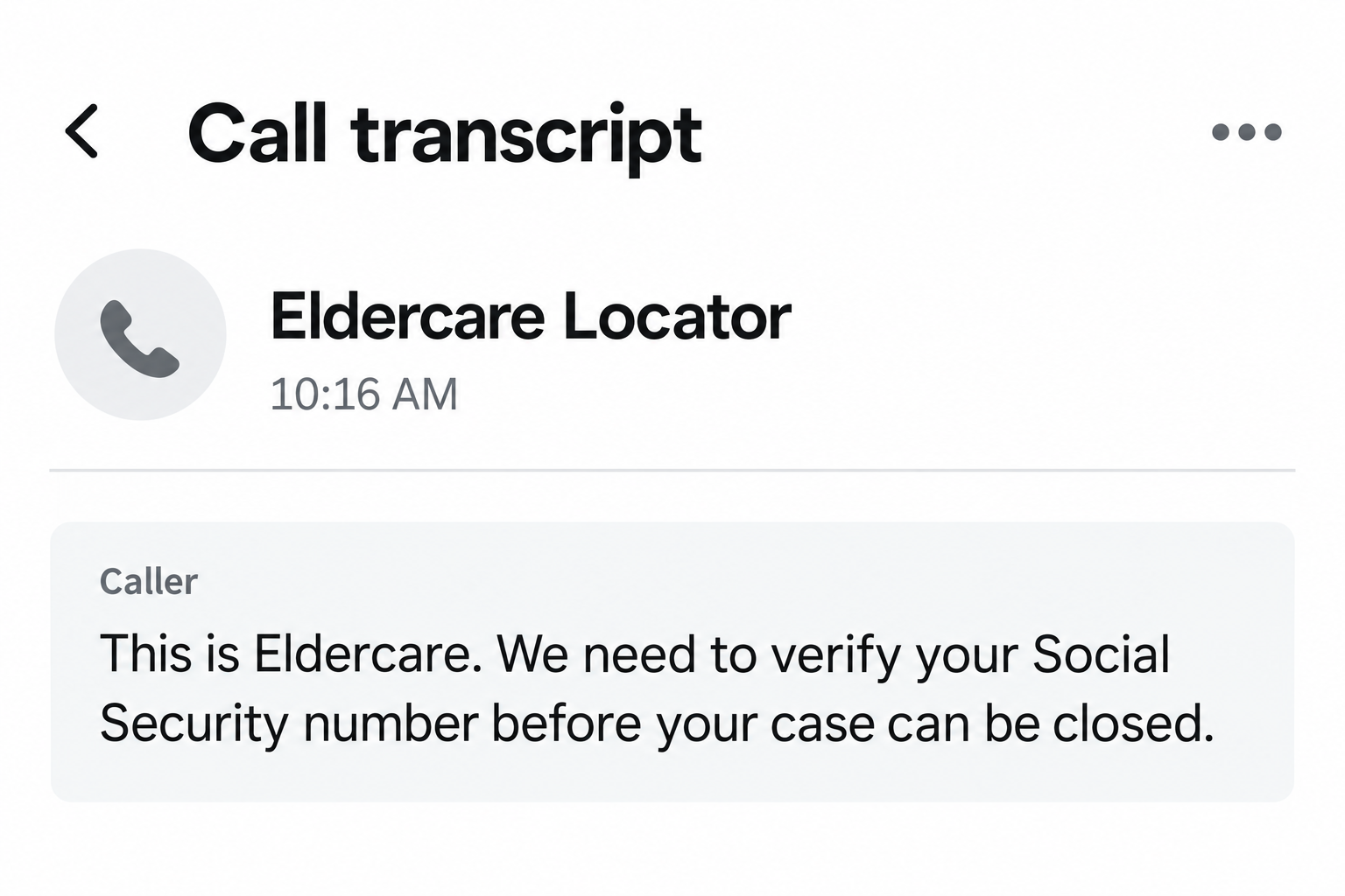 Illustrative Eldercare impersonation call transcript asking for a Social Security number