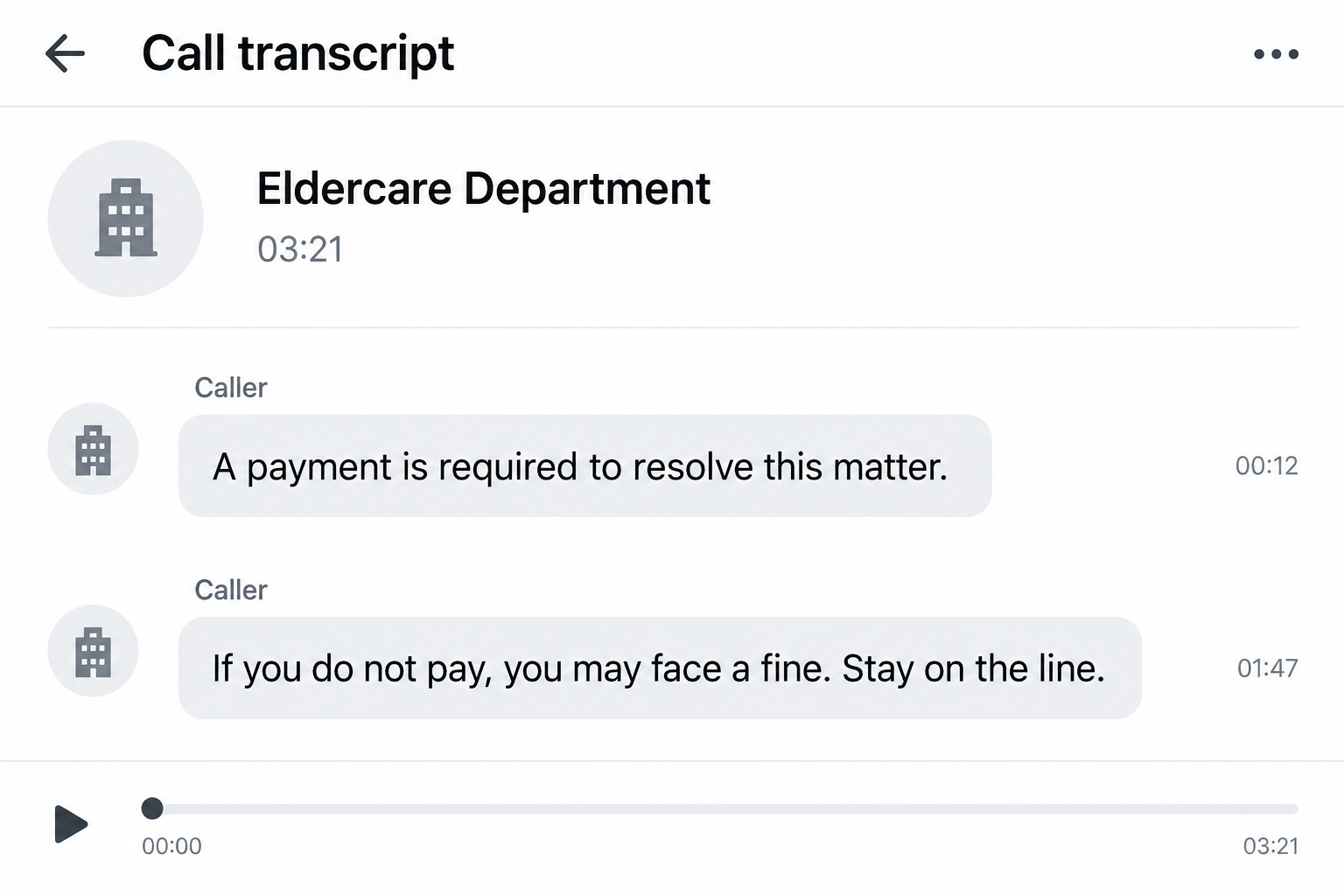 Illustrative government imposter call transcript using payment and fine threats under an Eldercare label