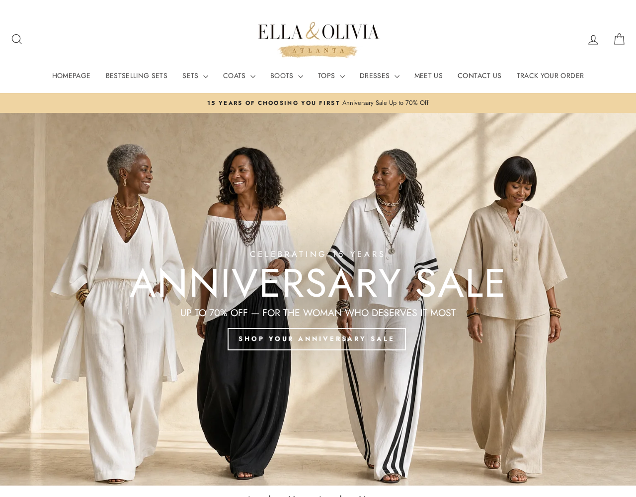 Ella and Olivia homepage advertising an anniversary clothing sale