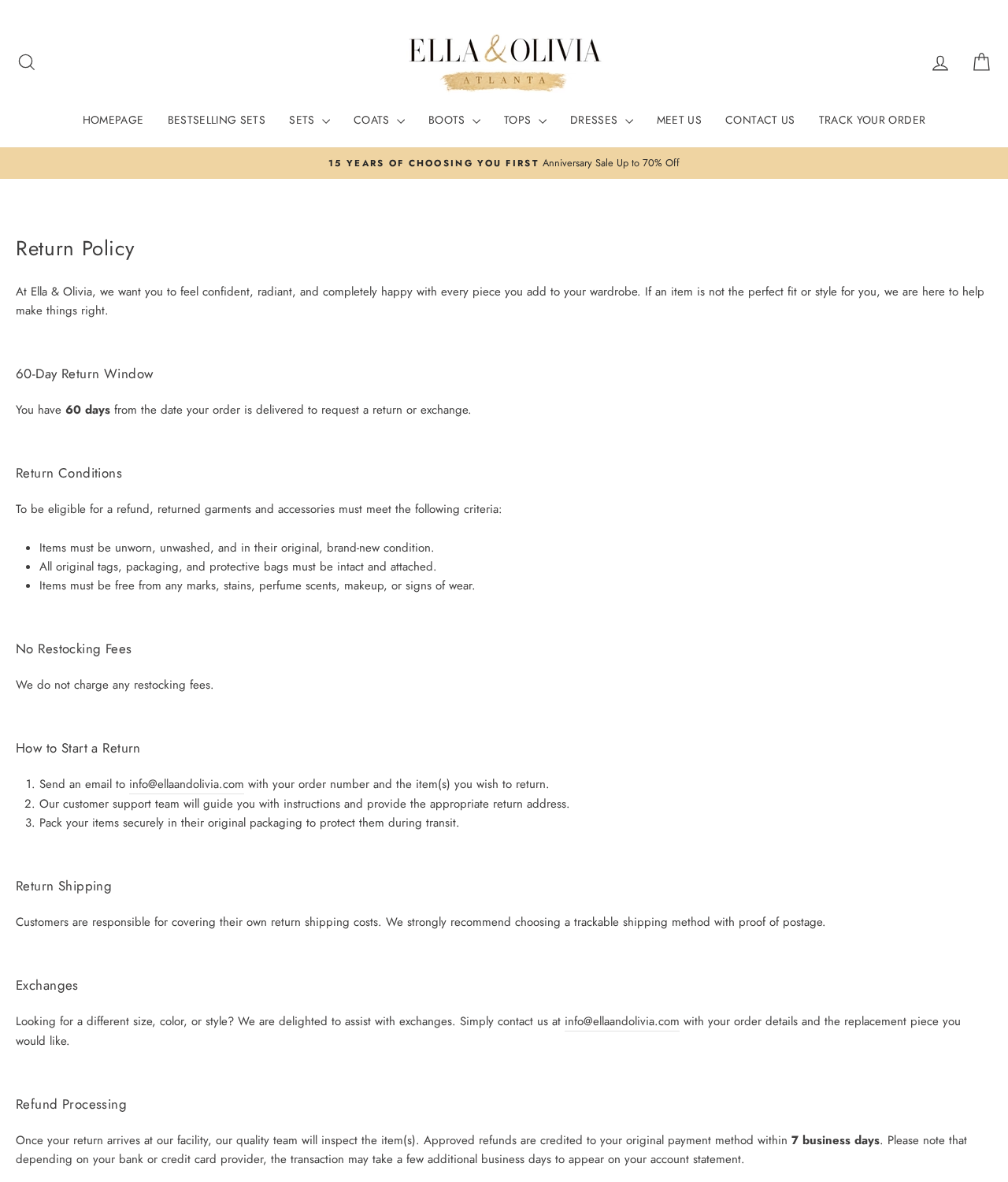 Ella and Olivia return policy showing a 60-day window, no restocking fees, and customer-paid shipping