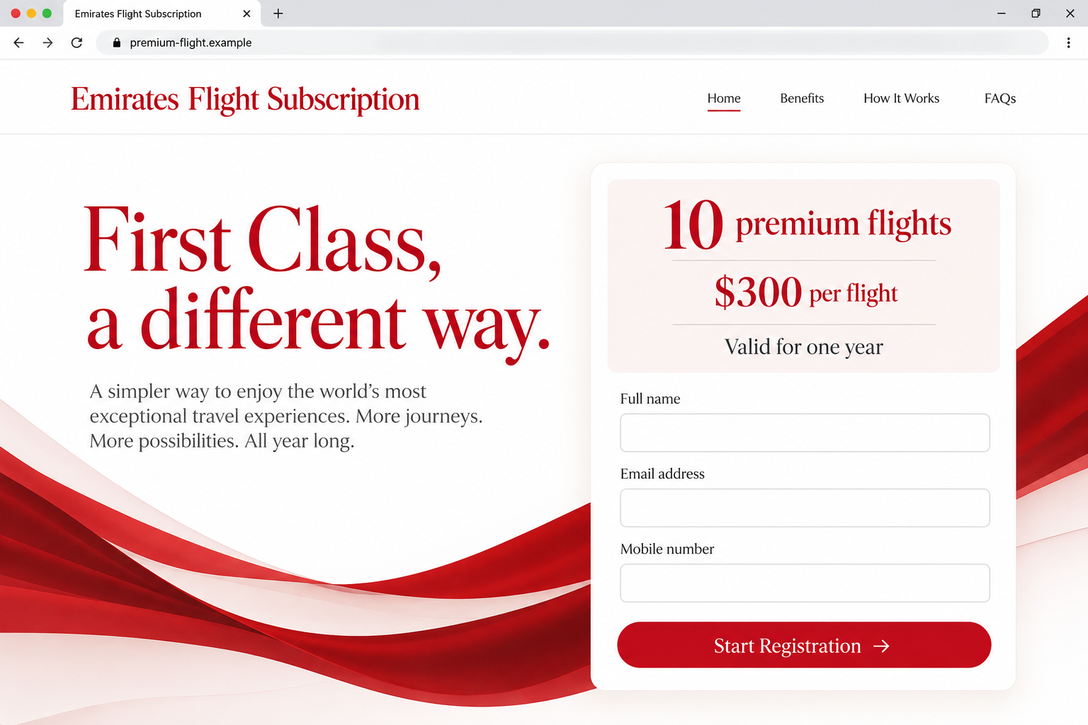 Illustrative premium flight subscription webpage advertising ten flights for $300 each, with fictional registration fields and example address