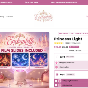 Enchantelle Princess Light product page displaying preorder status, review-count claim and purchase options