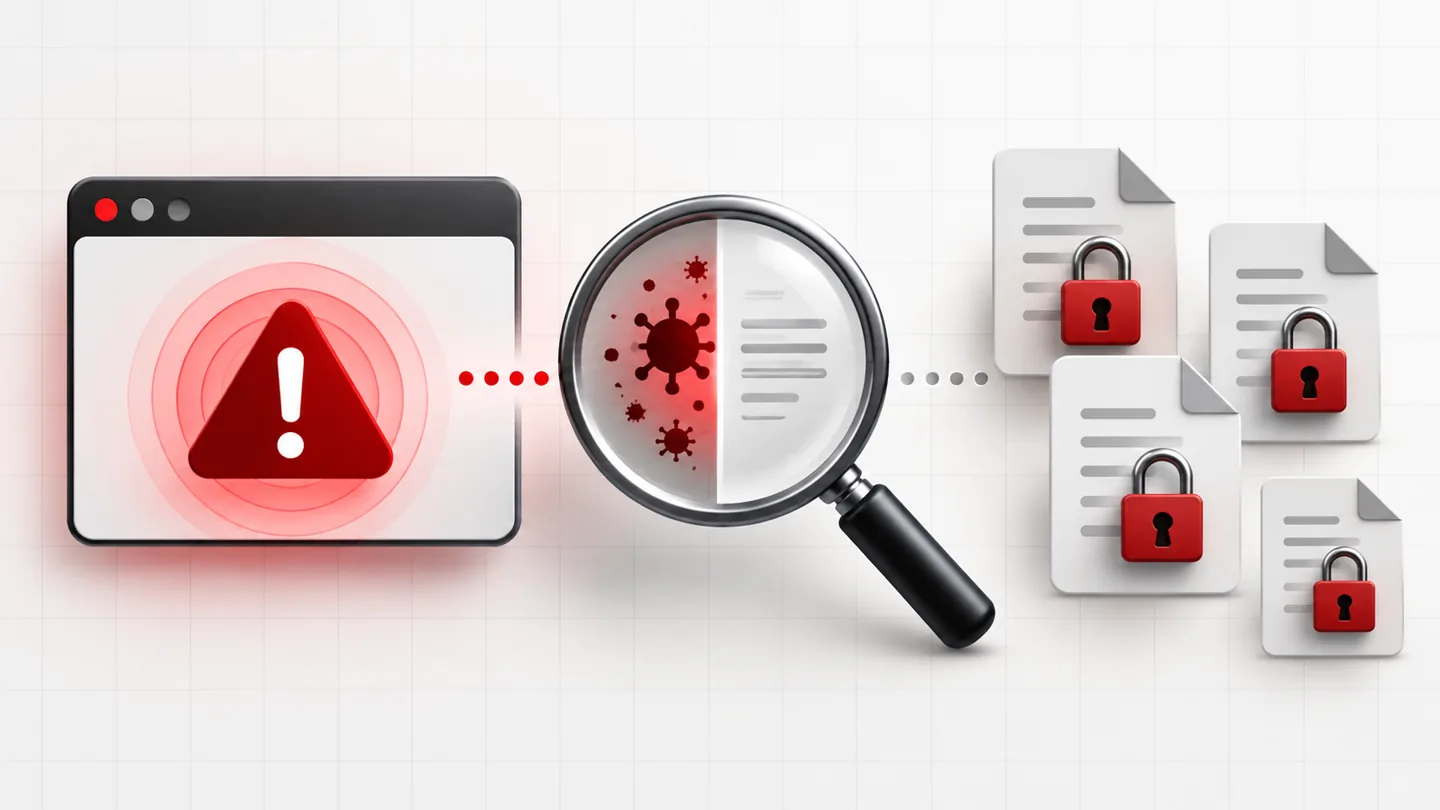 Your Files Are Encrypted? Remove Ransomware and Check Recovery Options 1 Illustration comparing a false browser warning with locked files on a computer