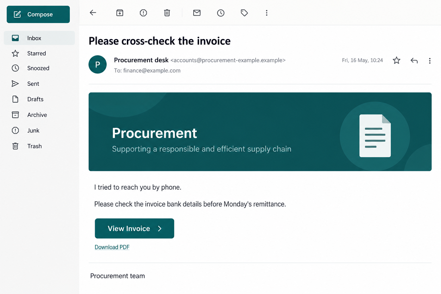 EnergyAustralia Invoice Email Scam: Fake Bank-Detail Checks Steal Logins 1 Illustrative procurement email asking for invoice bank-detail checks before Monday's remittance