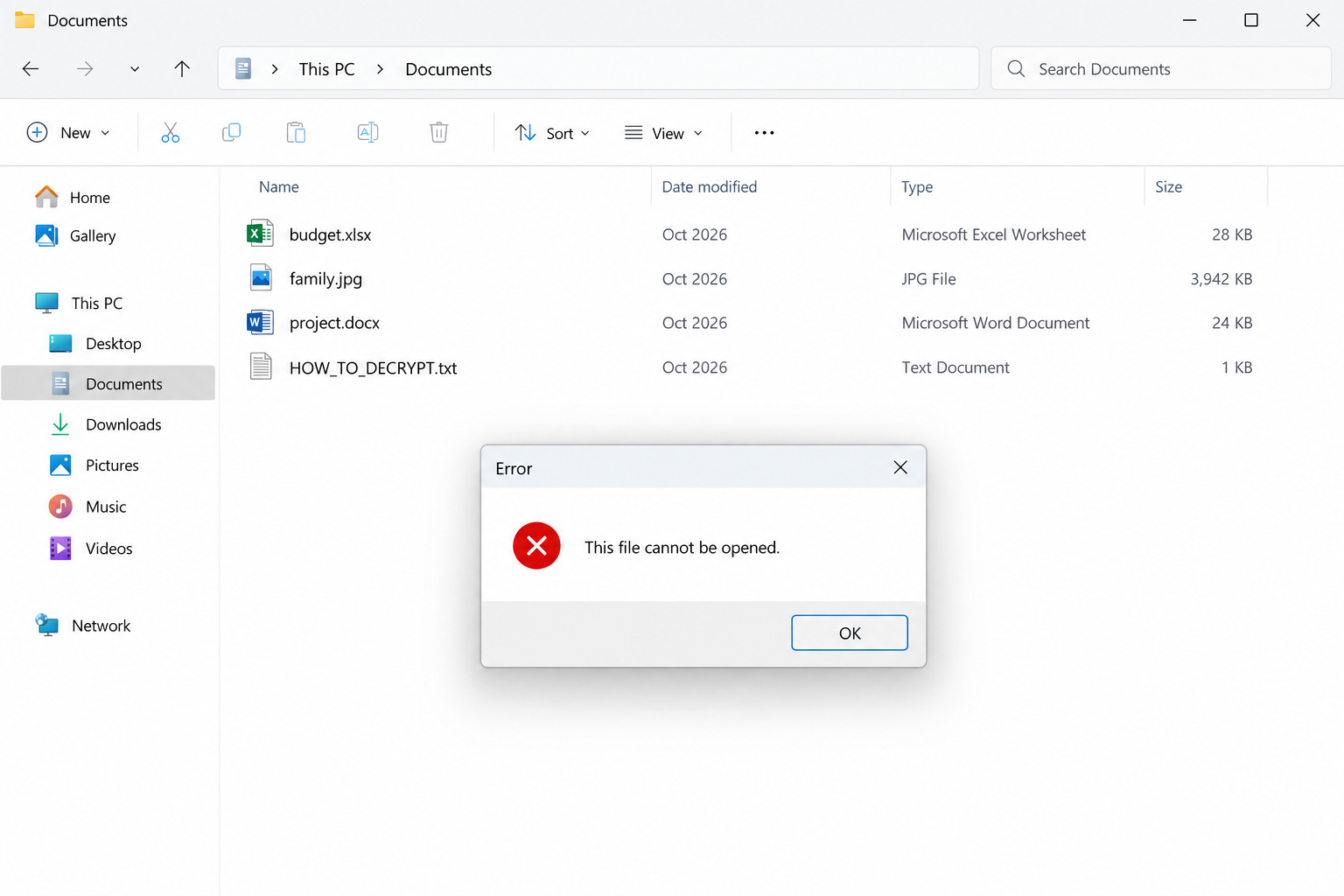 EniFrost Ransomware Removal Guide: Unchanged Filenames and the $25 Demand 2 Illustration of unchanged EniFrost-affected filenames with a file-opening error