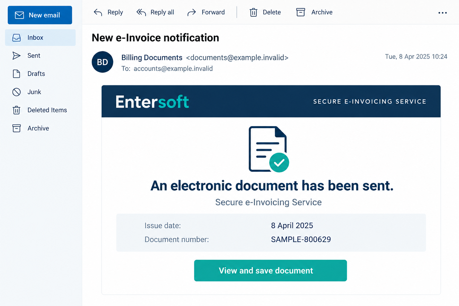 Entersoft Electronic Document Email Scam: Fake Invoice Login Trap Exposed 1 Illustrative electronic invoice notification with a document reference and a View and save document button