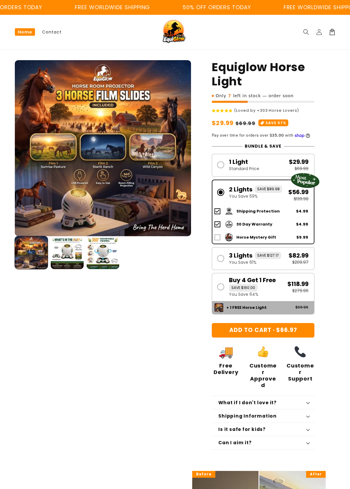 Equiglow Horse Light offer showing two lights and two paid extras selected, with a $66.97 cart-button total