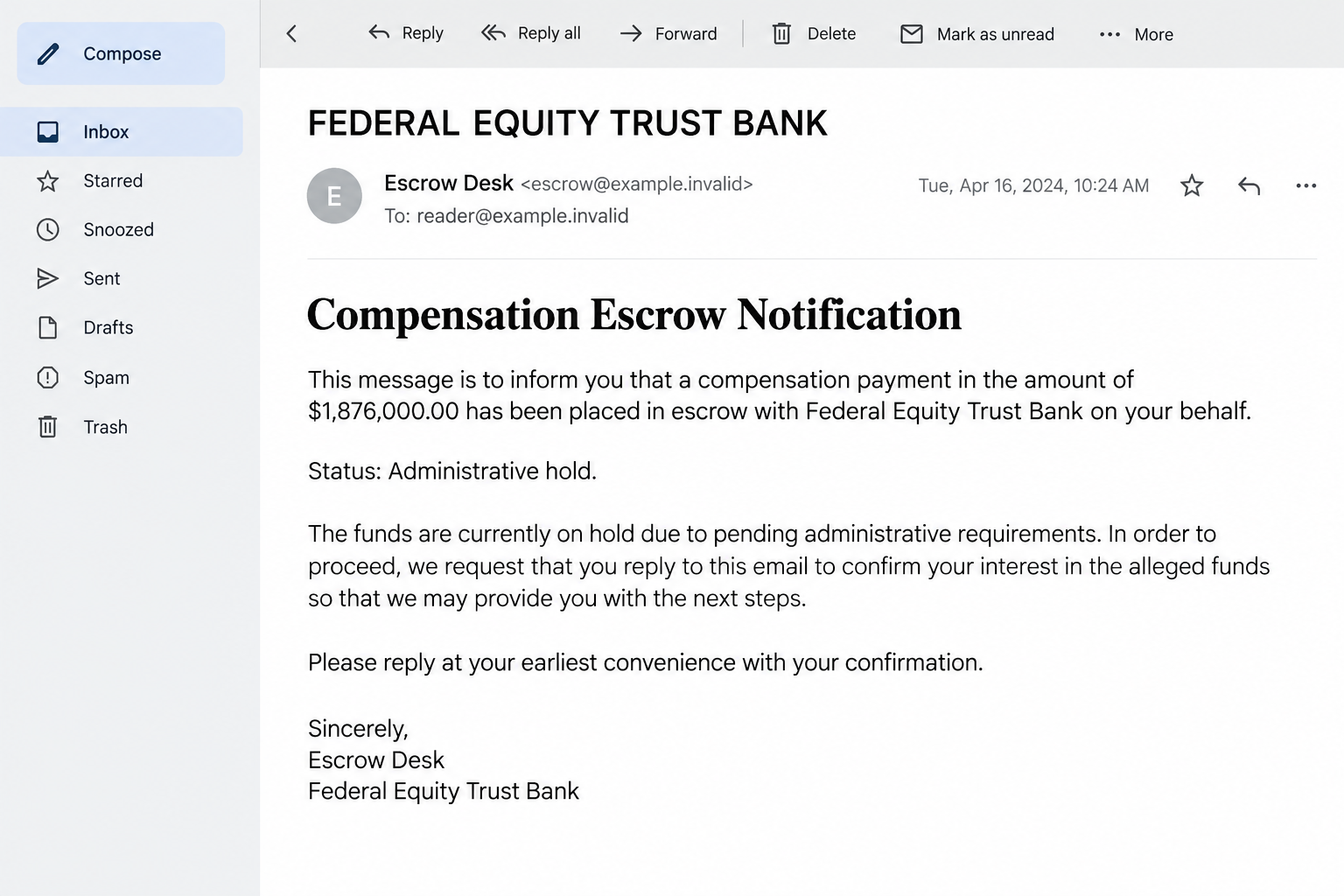 Illustrative Federal Equity Trust Bank email claiming a $1,876,000 compensation escrow balance and an administrative hold
