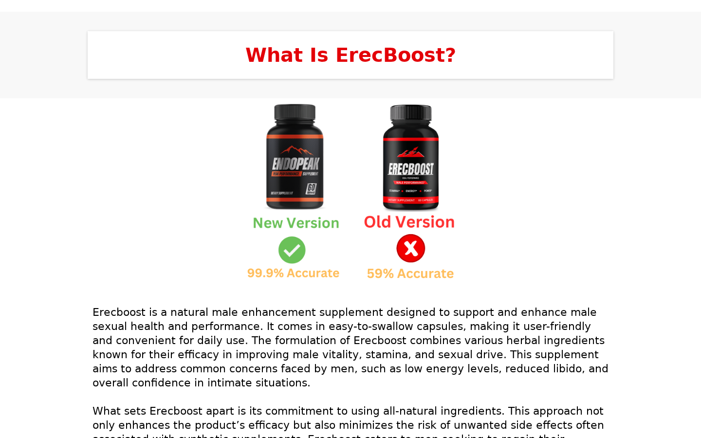 ErecBoost page presenting EndoPeak as a new version with unexplained accuracy figures